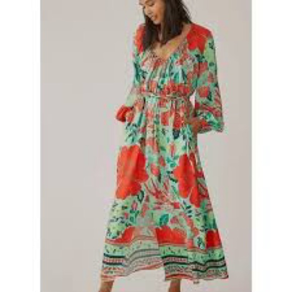 FARM Rio Orange and Green Resort Sundress with Bishop Sleeves